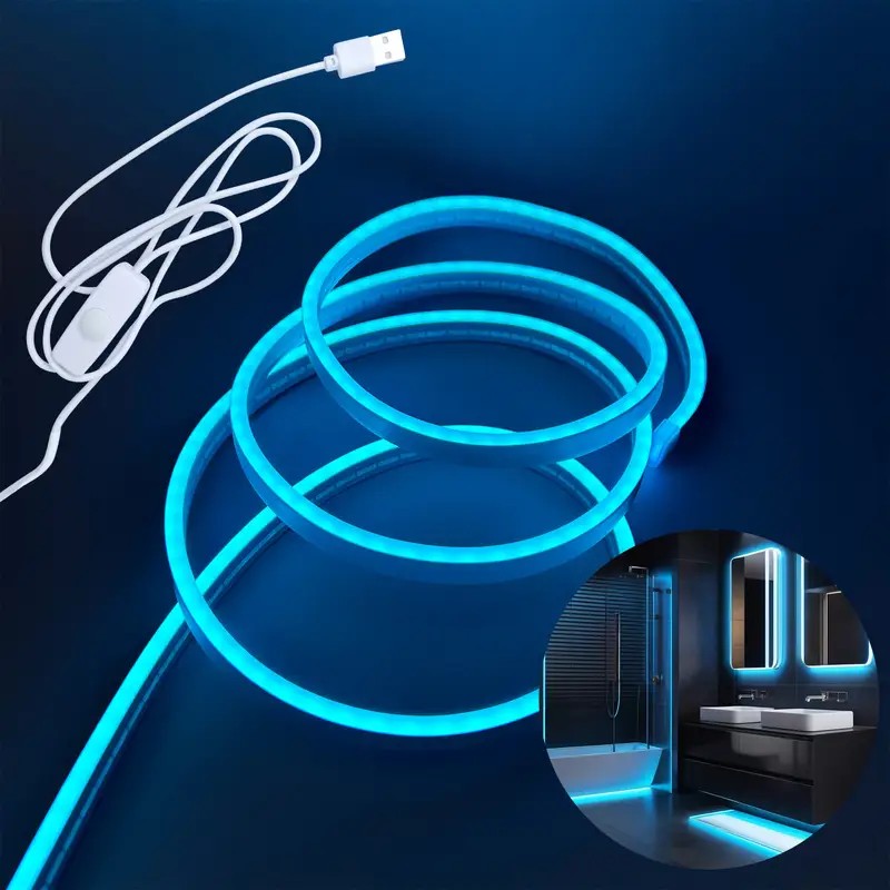 Tira de neón Flex azul ice DC12V, 120LEDs/M, cuerda neón Flexible azul hielo , luz de neón impermeable, 5M para decoración del hogar+ eliminador de 2 AMP