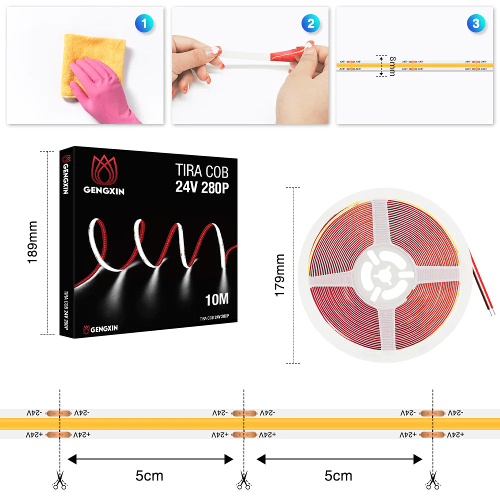 tira de led flex 12v cob 280p sin recubrimiento neon 10 m blanca calida