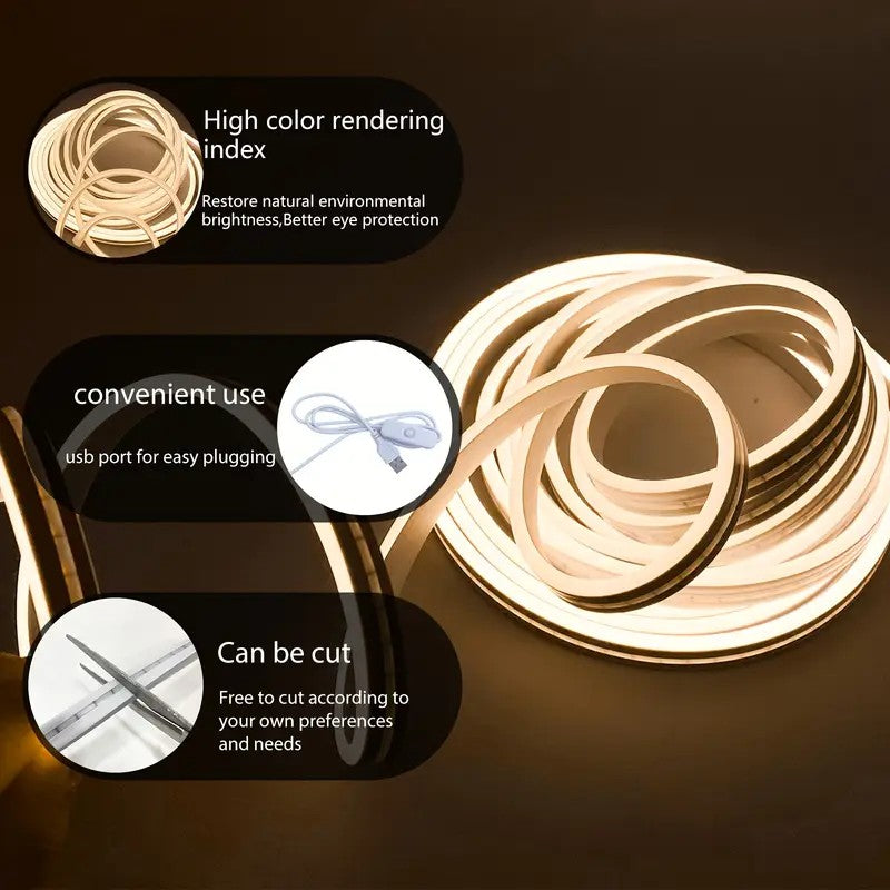 Tira de neón Flex blanco calido lDC12V, 120LEDs/M, cuerda neón Flexible blanco calido , luz de neón impermeable, 5M para decoración del hogar+ eliminador de 2 AMP