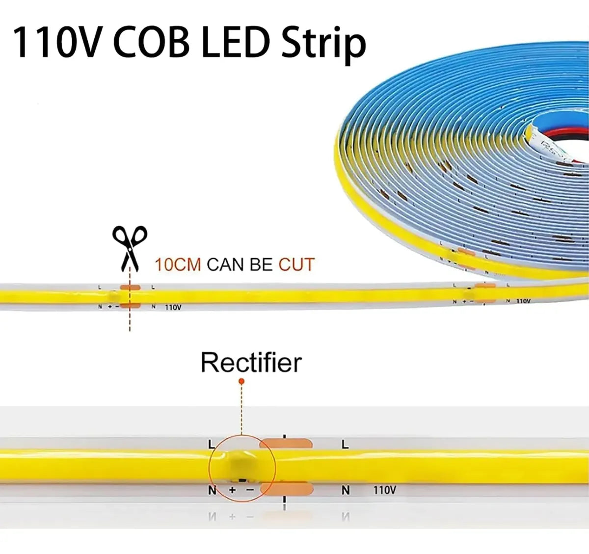 Tira COB sin recubrimiento de 10m 110v