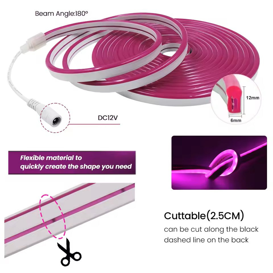 Tira de neón Flex Rosa DC12V, 120LEDs/M, neón Flexible Rosa , luz de neón impermeable, 5M para decoración del hogar+ eliminador de 2 AMP