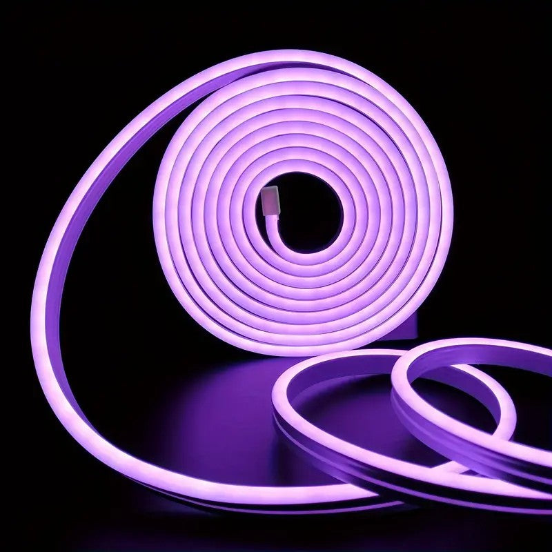 Tira de neón Flex morado DC12V, 120LEDs/M, cuerda neón Flexible morado , luz de neón impermeable, 5M para decoración del hogar+ eliminador de 2 AMP
