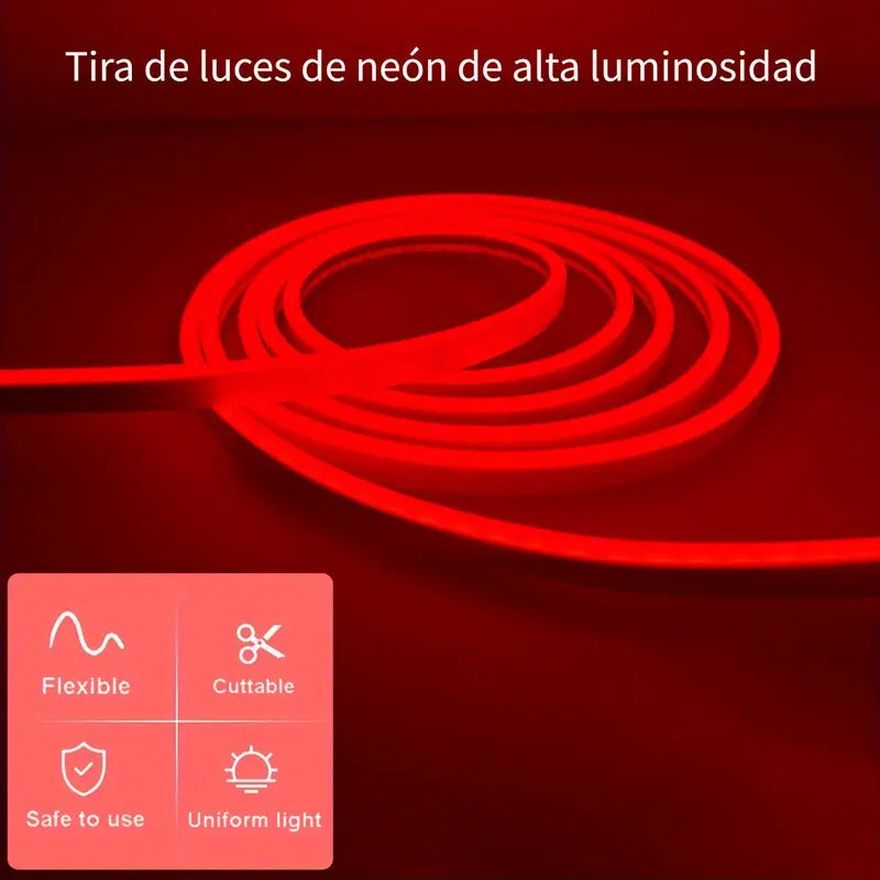 Tira de neón Flex Rojo DC12V, 120LEDs/M, cuerda neón Flexible Rojo , luz de neón impermeable, 5M para decoración del hogar+ eliminador de 2 AMP