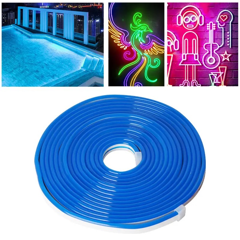 Tira de neón Flex azulDC12V, 120LEDs/M, cuerda neón Flexible azul , luz de neón impermeable, 5M para decoración del hogar+ eliminador de 2 AMP